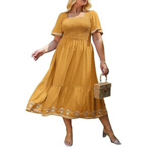 Glamaker Women's Plus Size Summer Casual Short Sleeve Smocked Square Neck A Line Flowy Midi Dress Long Dress