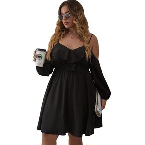 WDIRARA Women's Plus Size Cold Shoulder Ruffle Trim Bishop Sleeve A Line Dress in Kuwait