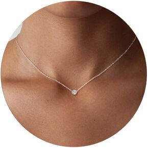 MBW Diamond Necklaces for Women, Dainty 14k Gold/Silver Plated Cubic Zirconia Pendant Necklaces for Women Trendy Layered Simple Small Silver CZ Round Solitaire Choker Necklaces Jewelry for Women Girls