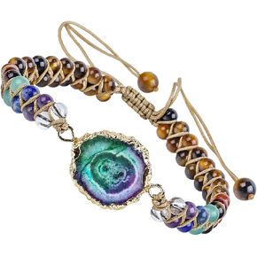 TUBMEELLUWA 7 Chakra Crystal Stones Braided Beaded Bracelet Adjustable Strand Beads Bracelet Double Layers Bangle, Gold Plated Base