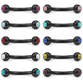 Ruifan 10PCS Mix Color Double Jeweled Diamond Curved Barbell Eyebrow Tragus Lip Ring 16g 8mm