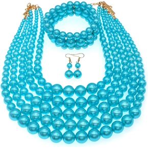 JNF Large Faux Pearl Necklaces for Women Multi strand Pearl Necklace Bracelet and Earrings Set Costume Pearls Necklace Jewelry Ladies