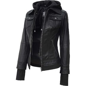 Decrum Hooded Leather Jacket Women Real Lambskin Biker Style Womens Leather Jacket with Removable Hood