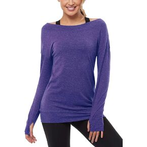 Muzniuer Long Sleeve Workout Shirts-Off Shoulder Long Sleeve Yoga Sports Long T-Shirt Activewear with Thumb Hole