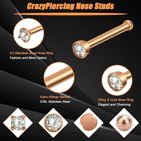CrazyPiercing 16 قطعة ترصيع الأنف مجموعة 20G حلقات الأنف الفولاذ المقاوم للصدأ العظام ثقب الأنف ترصيع جولة تشيكوسلوفاكيا الأنف ثقب المجوهرات للرجال / النساء in Kuwait
