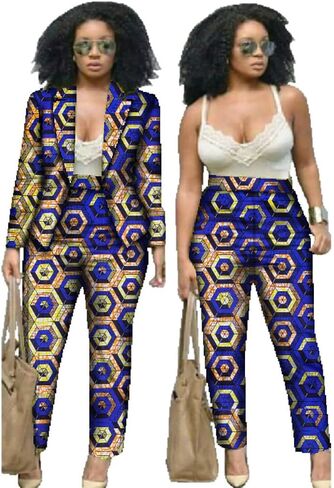 Women African Print Coat Kente Top and Pants Blazer Suit Sets in Kuwait