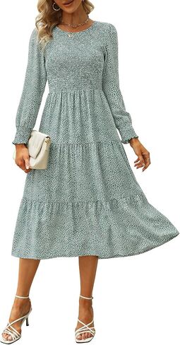 Zattcas Womens Spring Dresses 2026 Casual Long Sleeve Smocked Boho Floral Tiered Midi Wedding Guest Dress with Pockets in Kuwait