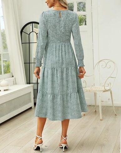 Zattcas Womens Spring Dresses 2026 Casual Long Sleeve Smocked Boho Floral Tiered Midi Wedding Guest Dress with Pockets in Kuwait