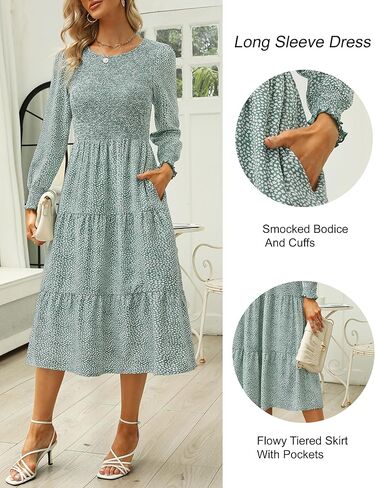 Zattcas Womens Spring Dresses 2026 Casual Long Sleeve Smocked Boho Floral Tiered Midi Wedding Guest Dress with Pockets in Kuwait