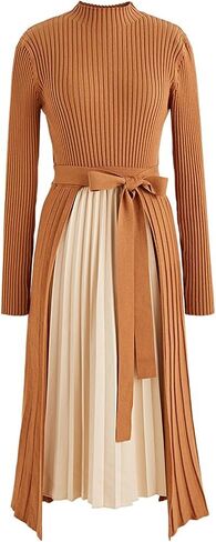 CHICWISH Women's Black/Dark Green/Caramel/Cream/Violet Front Pleats Splicing Belted Hi-Lo Knit Midi Dress in Saudi Arabia