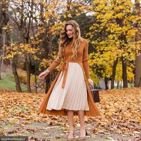 CHICWISH Women's Black/Dark Green/Caramel/Cream/Violet Front Pleats Splicing Belted Hi-Lo Knit Midi Dress in Saudi Arabia