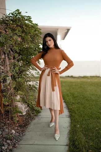 CHICWISH Women's Black/Dark Green/Caramel/Cream/Violet Front Pleats Splicing Belted Hi-Lo Knit Midi Dress in Saudi Arabia