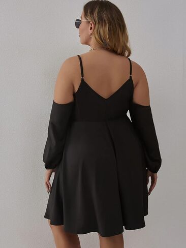 WDIRARA Women's Plus Size Cold Shoulder Ruffle Trim Bishop Sleeve A Line Dress in Kuwait