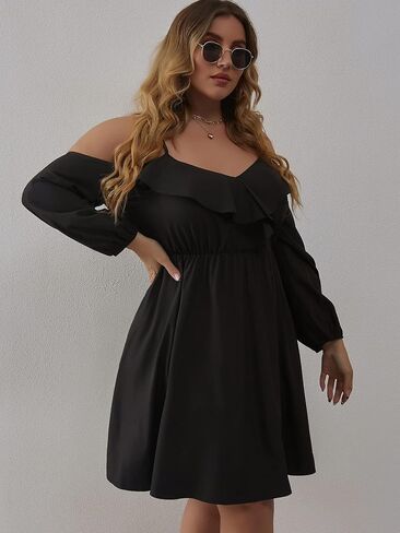 WDIRARA Women's Plus Size Cold Shoulder Ruffle Trim Bishop Sleeve A Line Dress in Kuwait