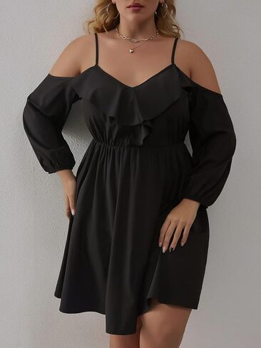 WDIRARA Women's Plus Size Cold Shoulder Ruffle Trim Bishop Sleeve A Line Dress in Kuwait