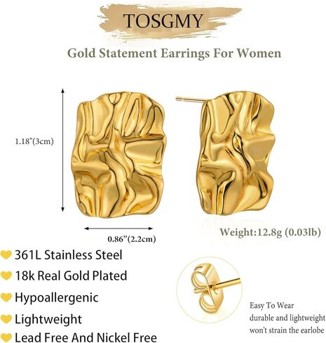 tosgmy مكتنزة الذهب مستطيل أقراط للنساء، الذهب بيان الأقراط لذيذ سميكة أقراط الذهب مربع القلب اللؤلؤ التجاعيد غير النظامية انخفاض القرط الأقراط الهندسية الحد الأدنى للنساء الفتيات العصرية هدية المجوهرات in Kuwait
