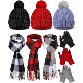 9 Pcs Winter Warm Beanie Hat Plaid Scarf Gloves Set Winter Buffalo Plaid Scarf Knitted Beanie Hat Touch Screen Gloves for Men and Women Outdoor Running Ski in Saudi Arabia