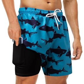 Mens Swim Trunks with Compression Liner 2 in 1 Quick Dry Bathing Suit Swim Shorts Boxer Brief Liner