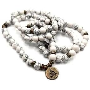 JODORA Awander White Howlite Buddha Charm Prayer 108 Beads Mala Mantra Beaded Necklace Stretch Wrap Bracelet Jewelry Collar Pulsera, Gemstone, Howlite in Kuwait