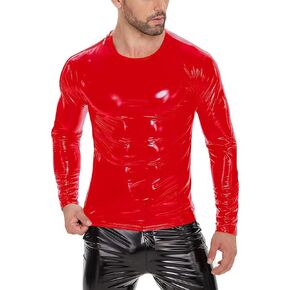 xokesy Men Sexy Leather T-Shirt, Plus Size S-7XL, Glossy PVC Leather, Full Zipper, Shiny Latex Long Sleeve Coat for Male