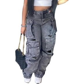 سراويل جينز نسائية من Molisry Y2K عالية الخصر ممزقة وفضفاضة من قماش الدنيم ملابس خروج متعددة الجيوب in Kuwait