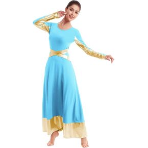 Metallic Gold Color Block Praise Liturgical Lyrical Dancewear for Womens Cross Dance Loose Full Dress Long Sleeve Costume