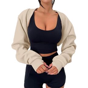 MISSACTIVER Women's Long Sleeve with Thumb Hole Bolero Shrug Top Open Front Fleece Loose Fit Cropped Shawl Sweatshirt Workout