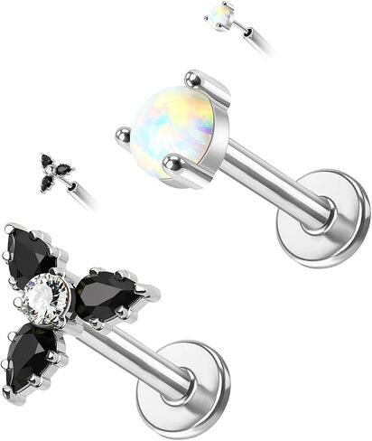 925 Sterling Silver Top Push in Threadless Opal/CZ Flat Back Stud 925 Silver Cartilage Earring Nose Stud Lip Ring Threadless Earring Helix Stud Tragus Piercing Jewelry for Women Men in Saudi Arabia