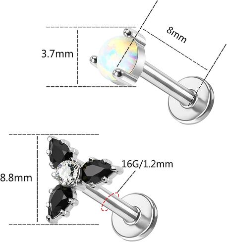 925 Sterling Silver Top Push in Threadless Opal/CZ Flat Back Stud 925 Silver Cartilage Earring Nose Stud Lip Ring Threadless Earring Helix Stud Tragus Piercing Jewelry for Women Men in Saudi Arabia