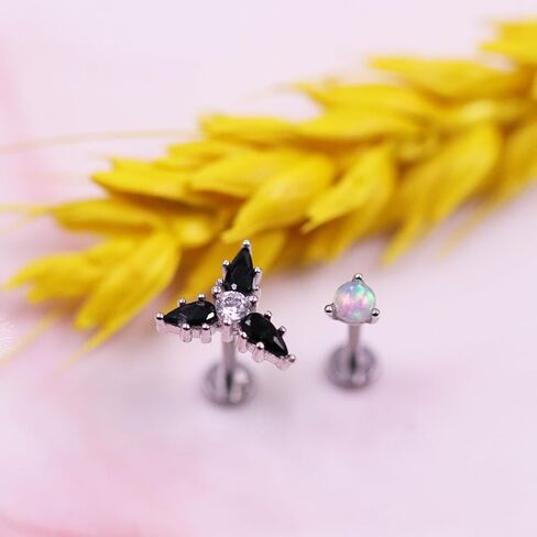 925 Sterling Silver Top Push in Threadless Opal/CZ Flat Back Stud 925 Silver Cartilage Earring Nose Stud Lip Ring Threadless Earring Helix Stud Tragus Piercing Jewelry for Women Men in Saudi Arabia