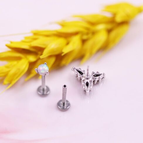 925 Sterling Silver Top Push in Threadless Opal/CZ Flat Back Stud 925 Silver Cartilage Earring Nose Stud Lip Ring Threadless Earring Helix Stud Tragus Piercing Jewelry for Women Men in Saudi Arabia