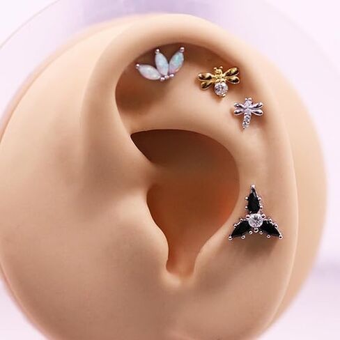925 Sterling Silver Top Push in Threadless Opal/CZ Flat Back Stud 925 Silver Cartilage Earring Nose Stud Lip Ring Threadless Earring Helix Stud Tragus Piercing Jewelry for Women Men in Saudi Arabia