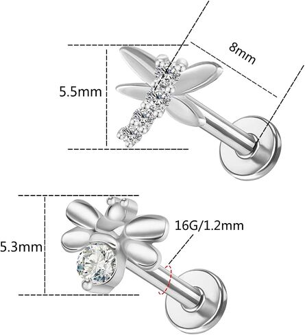 925 Sterling Silver Top Push in Threadless Opal/CZ Flat Back Stud 925 Silver Cartilage Earring Nose Stud Lip Ring Threadless Earring Helix Stud Tragus Piercing Jewelry for Women Men in Saudi Arabia