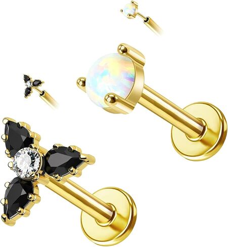 925 Sterling Silver Top Push in Threadless Opal/CZ Flat Back Stud 925 Silver Cartilage Earring Nose Stud Lip Ring Threadless Earring Helix Stud Tragus Piercing Jewelry for Women Men in Saudi Arabia