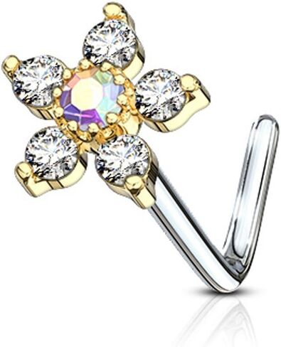 Covet Jewelry 6 CZ Flower Top 316L Surgical Steel L Bend Nose Stud Rings in Saudi Arabia