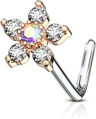 Covet Jewelry 6 CZ Flower Top 316L Surgical Steel L Bend Nose Stud Rings in Saudi Arabia