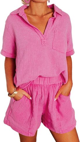 Dokotoo Women's Two Piece Outfits V Neck Short Sleeve Shirts and High Waist Shorts Lounge Sets in Saudi Arabia
