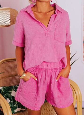 Dokotoo Women's Two Piece Outfits V Neck Short Sleeve Shirts and High Waist Shorts Lounge Sets in Saudi Arabia