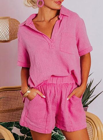 Dokotoo Women's Two Piece Outfits V Neck Short Sleeve Shirts and High Waist Shorts Lounge Sets in Saudi Arabia