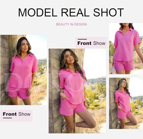 Dokotoo Women's Two Piece Outfits V Neck Short Sleeve Shirts and High Waist Shorts Lounge Sets in Saudi Arabia