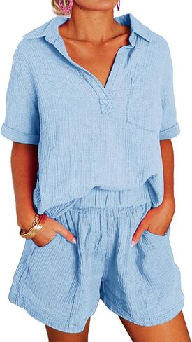 Dokotoo Women's Two Piece Outfits V Neck Short Sleeve Shirts and High Waist Shorts Lounge Sets in Saudi Arabia