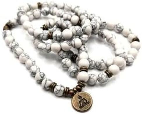 JODORA Awander White Howlite Buddha Charm Prayer 108 Beads Mala Mantra Beaded Necklace Stretch Wrap Bracelet Jewelry Collar Pulsera, Gemstone, Howlite in Kuwait