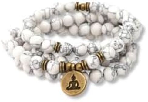 JODORA Awander White Howlite Buddha Charm Prayer 108 Beads Mala Mantra Beaded Necklace Stretch Wrap Bracelet Jewelry Collar Pulsera, Gemstone, Howlite in Kuwait