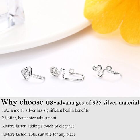Sllaiss 3 قطع حلقات الأنف الحاجز وهمية 925 الفضة الاسترلينية كليب على CZ الأنف هوب خواتم للنساء الرجال فو الأنف ثقب مجموعة مجوهرات in Kuwait