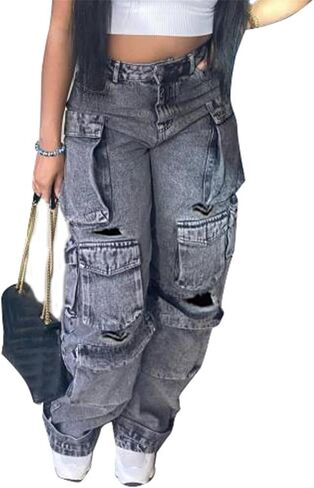 سراويل جينز نسائية من Molisry Y2K عالية الخصر ممزقة وفضفاضة من قماش الدنيم ملابس خروج متعددة الجيوب in Kuwait