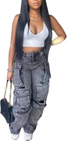 سراويل جينز نسائية من Molisry Y2K عالية الخصر ممزقة وفضفاضة من قماش الدنيم ملابس خروج متعددة الجيوب in Kuwait