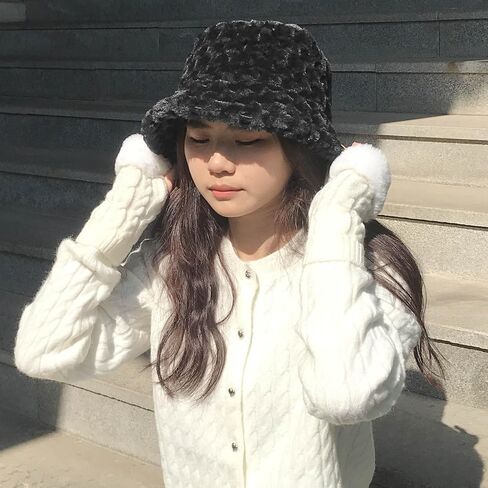 Bucket Hat Womens Faux Fur Warm Winter Plush Bucket Hats Furry Fuzzy Colorful Fisherman Cap Adjustable Girls Outdoor Travel in Saudi Arabia
