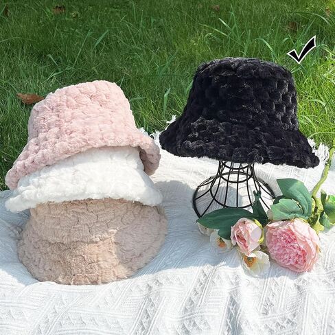 Bucket Hat Womens Faux Fur Warm Winter Plush Bucket Hats Furry Fuzzy Colorful Fisherman Cap Adjustable Girls Outdoor Travel in Saudi Arabia