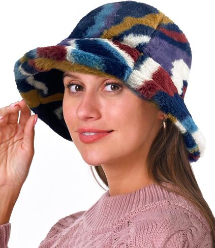 Bucket Hat Womens Faux Fur Warm Winter Plush Bucket Hats Furry Fuzzy Colorful Fisherman Cap Adjustable Girls Outdoor Travel in Saudi Arabia