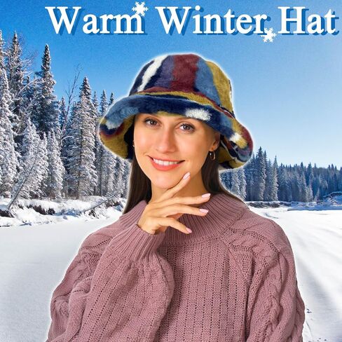 Bucket Hat Womens Faux Fur Warm Winter Plush Bucket Hats Furry Fuzzy Colorful Fisherman Cap Adjustable Girls Outdoor Travel in Saudi Arabia